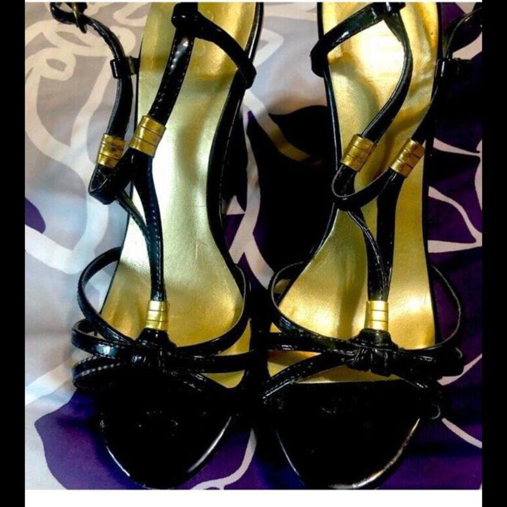 👠😎🖤 Two Lips Black Patent High Heel Wedge Open Toe Sandal Size 6